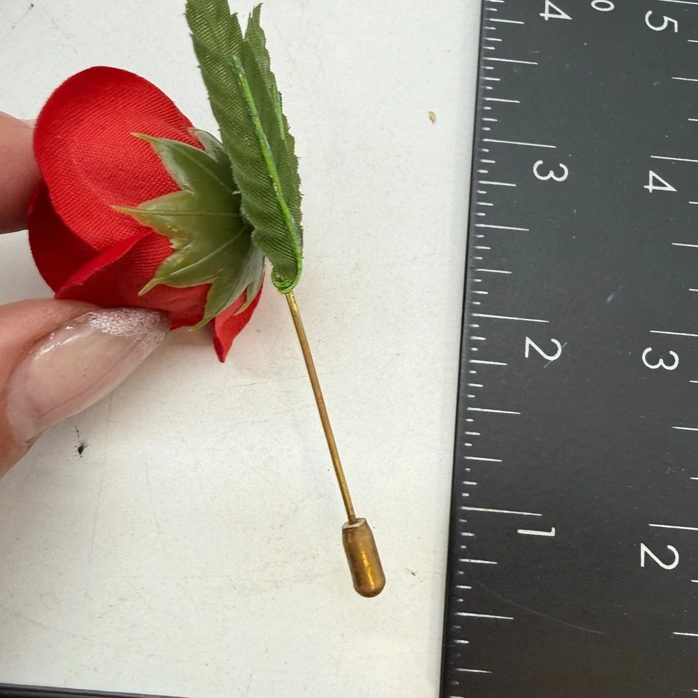 Vintage Red Rose Fabric Flower Stick Pin Gold Tone Metal Stem Floral Accessory
